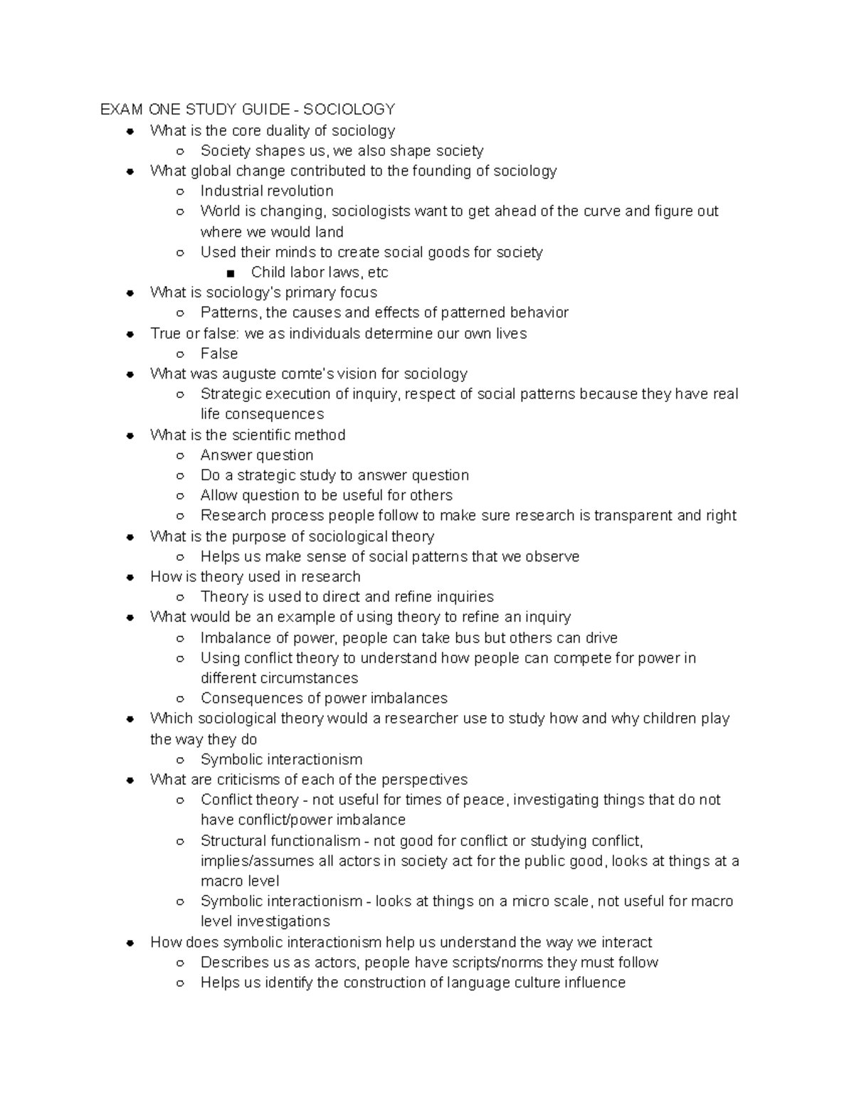 EXAM ONE Study Guide - Sociology - EXAM ONE STUDY GUIDE - SOCIOLOGY ...