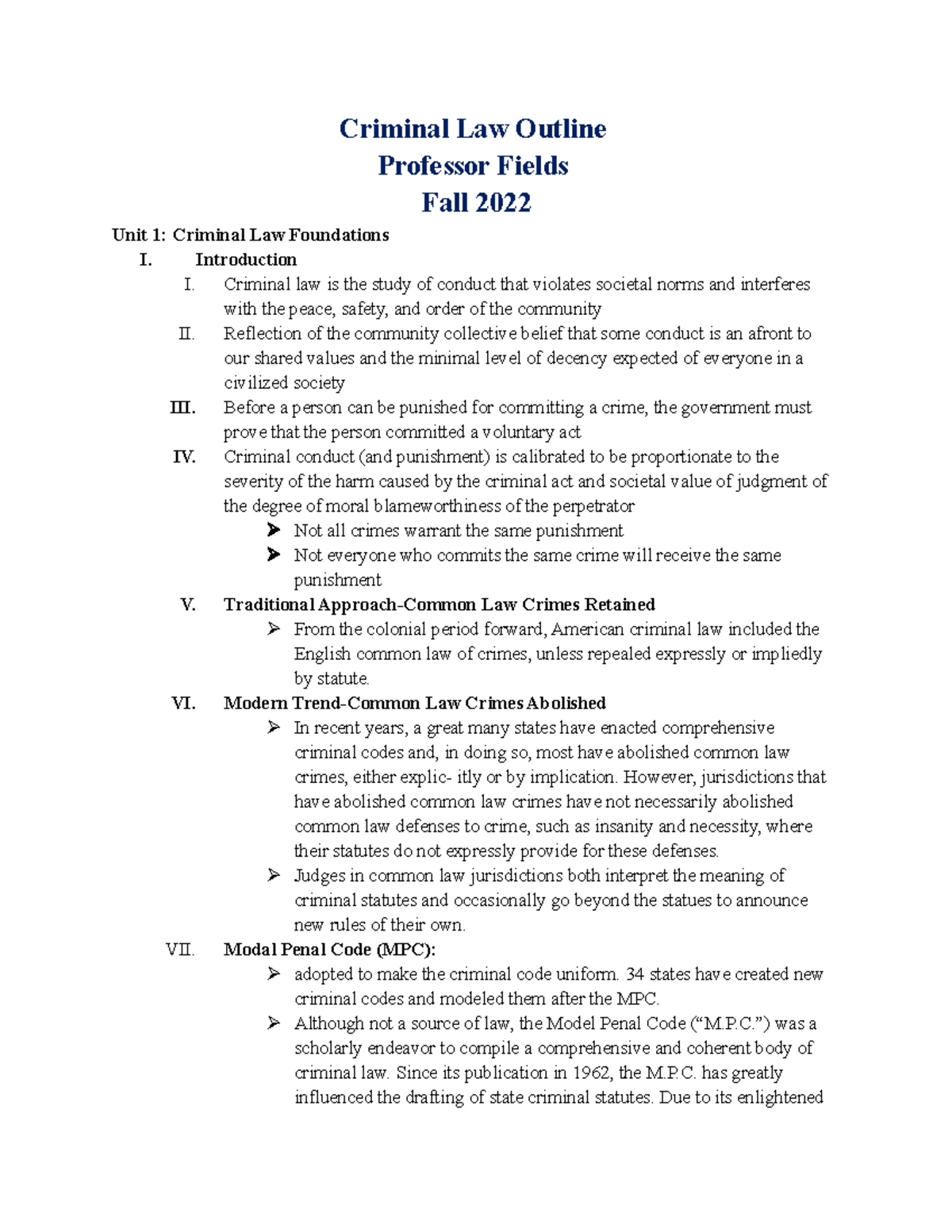 Crim Law 2022 Outline - Criminal Law Outline Professor Fields Fall 2022 ...