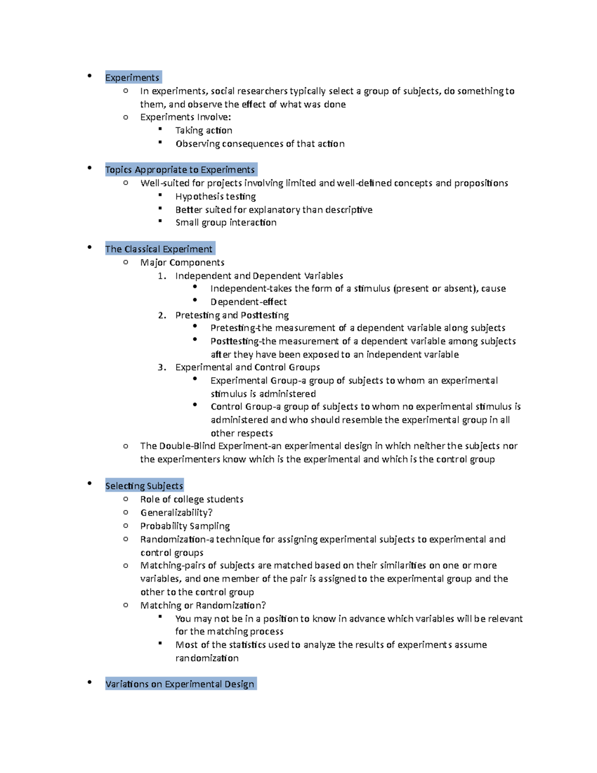 Ch. 8 - Powerpoint Notes - Experiments o In experiments, social ...