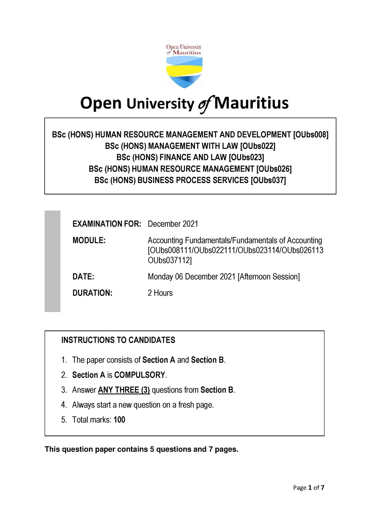 Accounting Fundamentals - Afternoon Session - Open University of ...