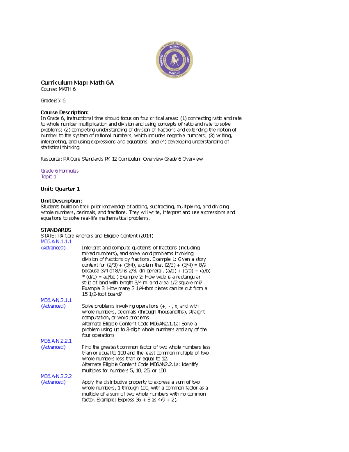 Math Grade 6 Curriculum Map Curriculum Map Math 6A Course MATH 6