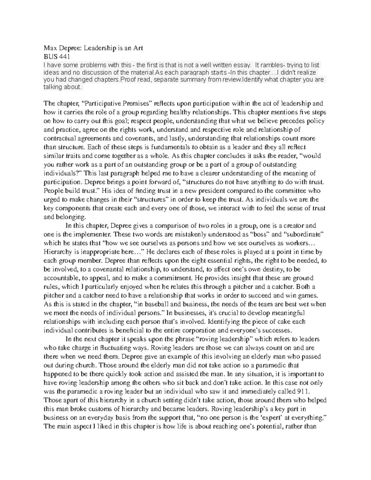 Leadership is an Art II - Professor - Elizabeth Cooper - Max Depree ...