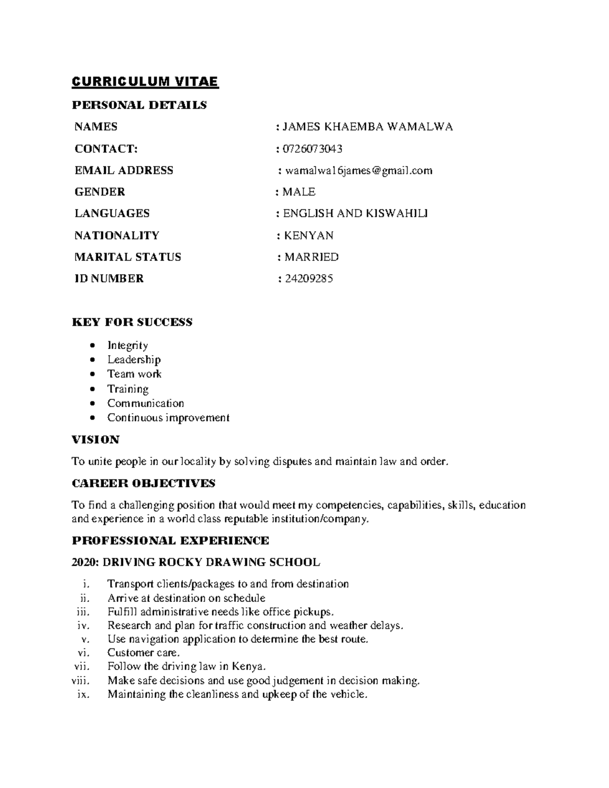 Khaemba Curriculum Vitae - CURRICULUM VITAE PERSONAL DETAILS NAMES ...
