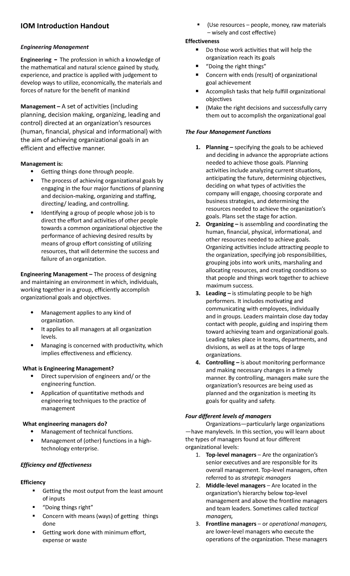 IOM- Intro- Handout - IOM Introduction Handout Engineering Management ...