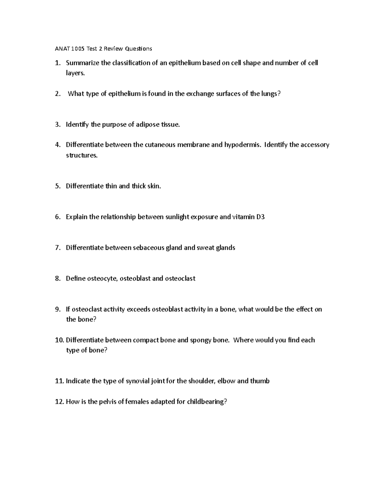 Test 2 review questions - ANAT 1005 - Fanshawe - Studocu