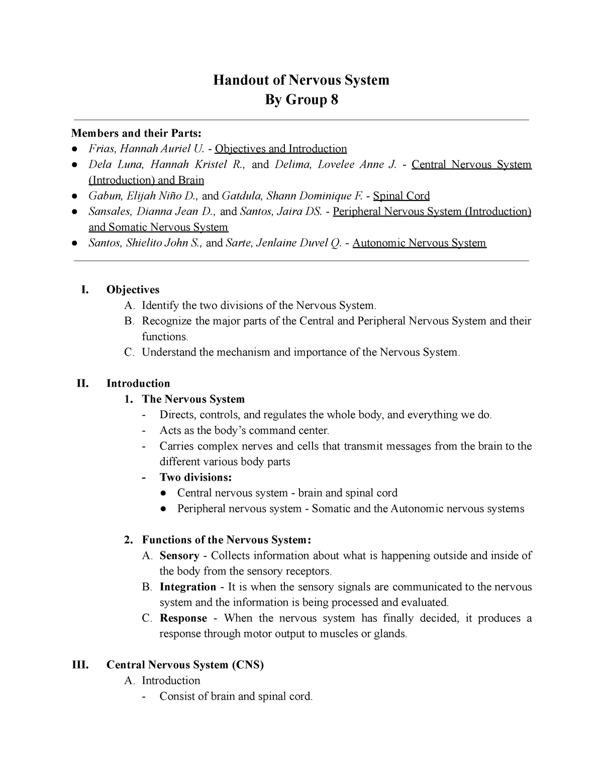 Nervous System - Lecture Notes 1 - Handout Of Nervous System By Group 8 ...