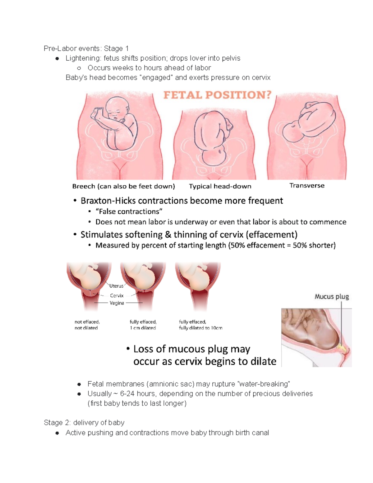 Pre-labor and Diabetes - Pre-Labor events: Stage 1 Lightening: fetus ...