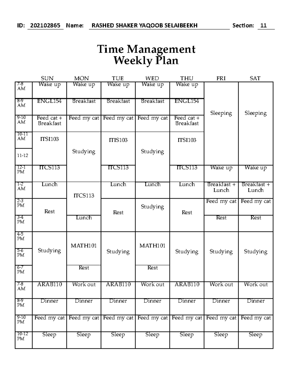 Weekly Planner - assignment of computer science - ID: 202102865 Name ...