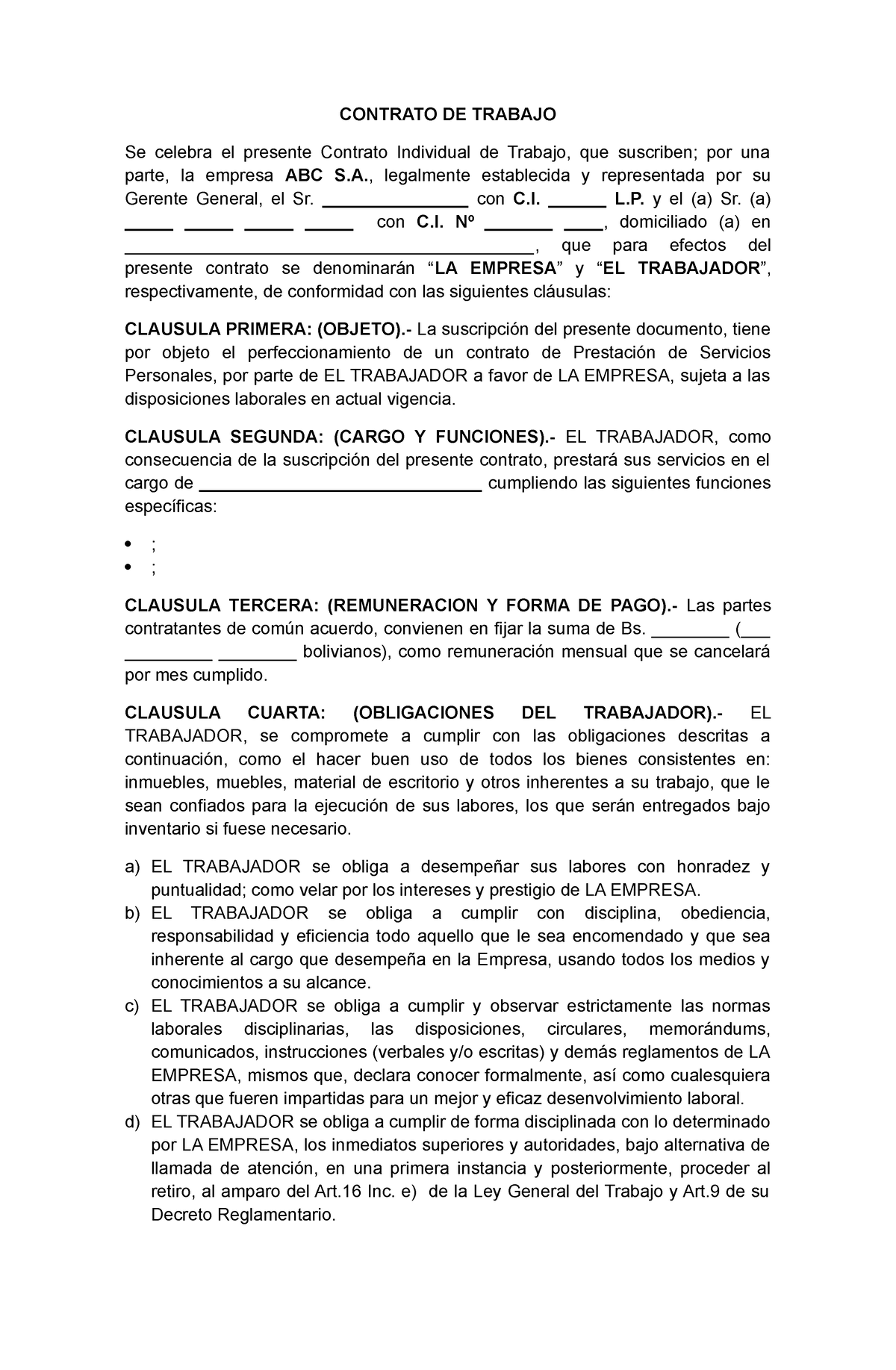 Modelo Contrato De Trabajo Indefinido Bolivia Contrato De Trabajo Se Celebra El Presente