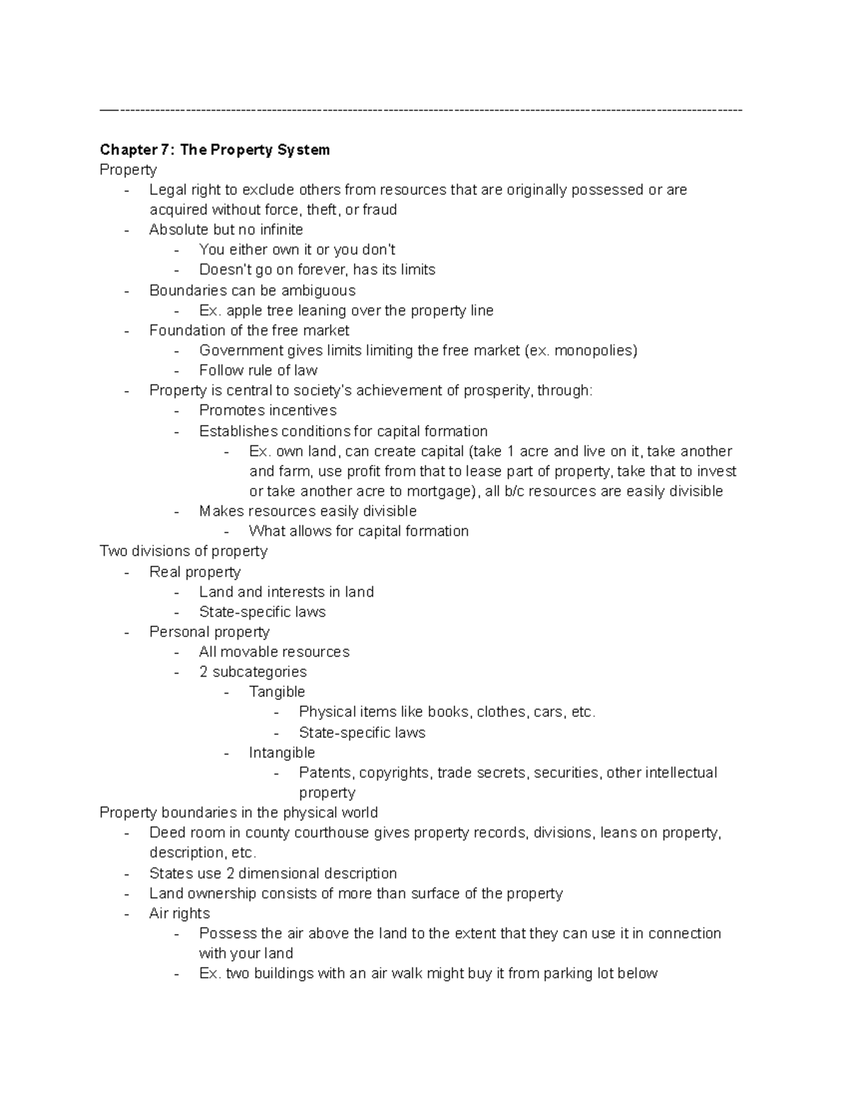 LEGL 2700 Notes - Test 2 - —- Chapter 7: The Property System Property ...