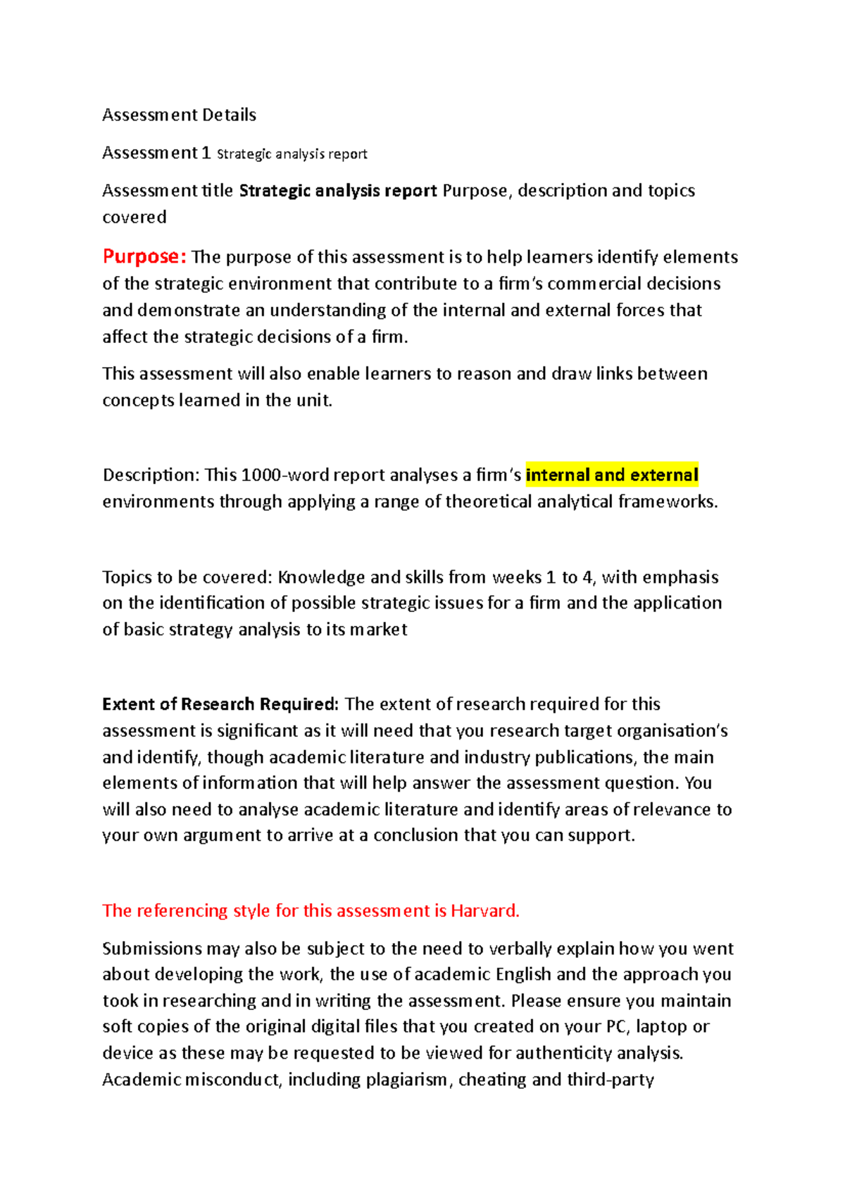 Assessment 1 - excellent - Assessment Details Assessment 1 Strategic ...