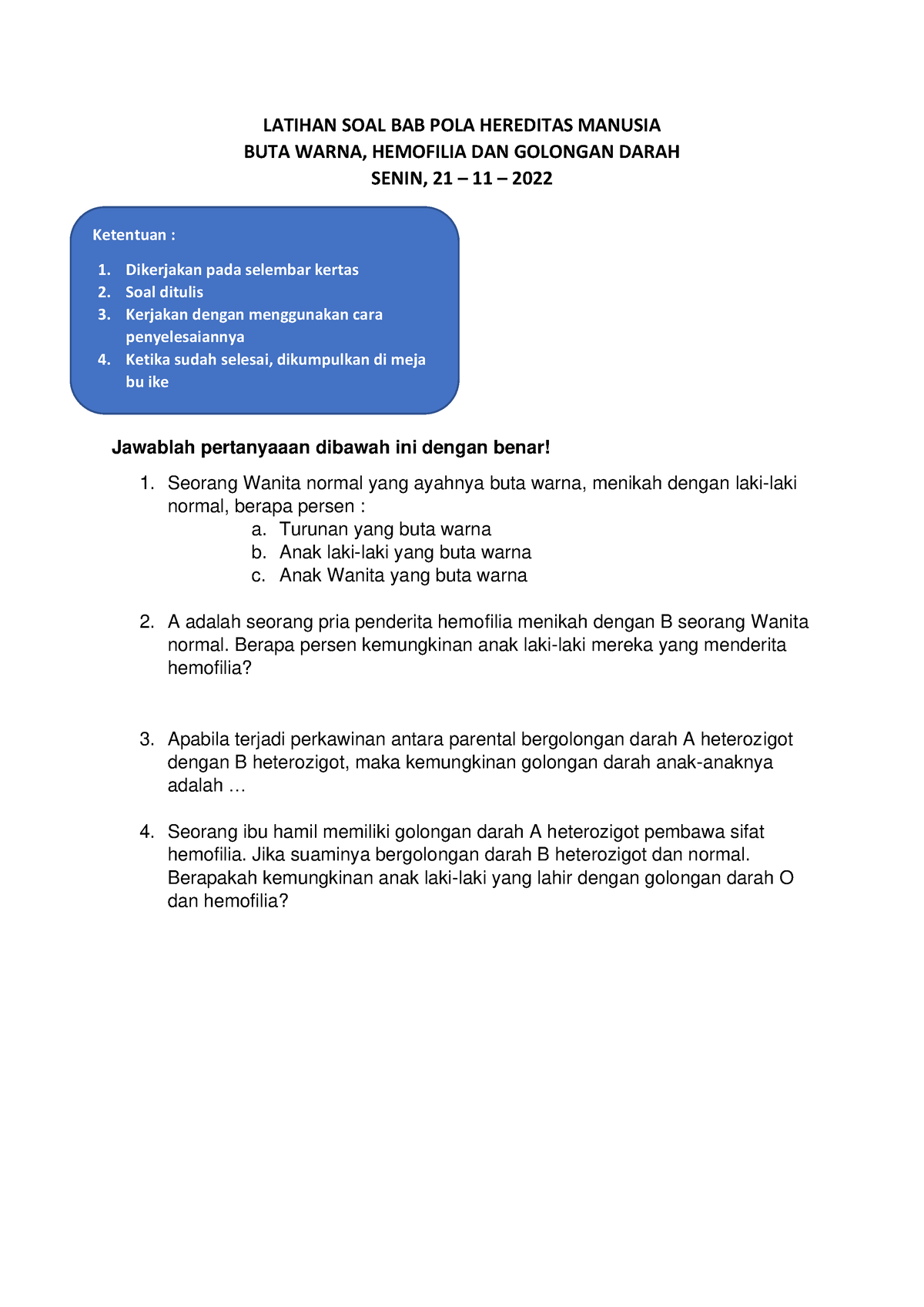 Tugas POLA Hereditas Manusia - LATIHAN SOAL BAB POLA HEREDITAS MANUSIA ...