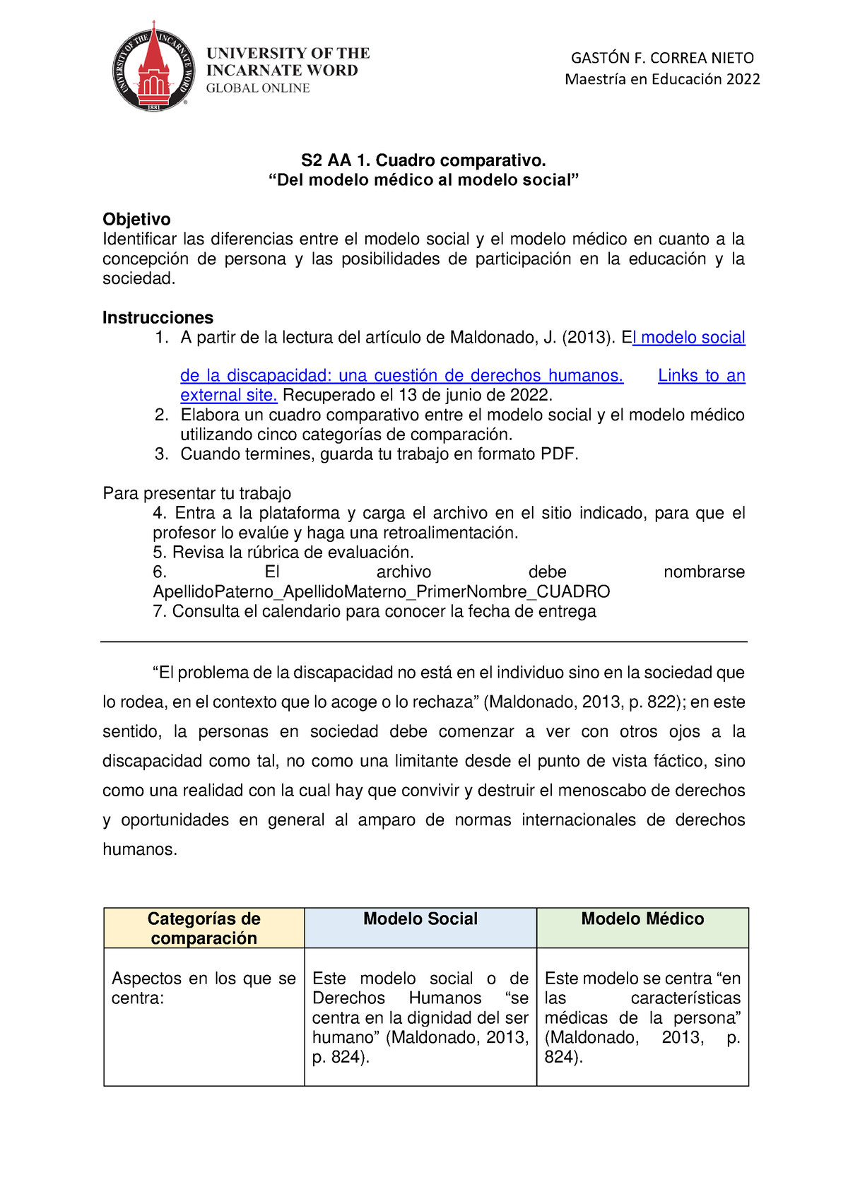 Correa Gastón. S2 AA 1. Cuadro comparativo. “Del modelo médico al modelo  social” - MaestrÌa en - Studocu