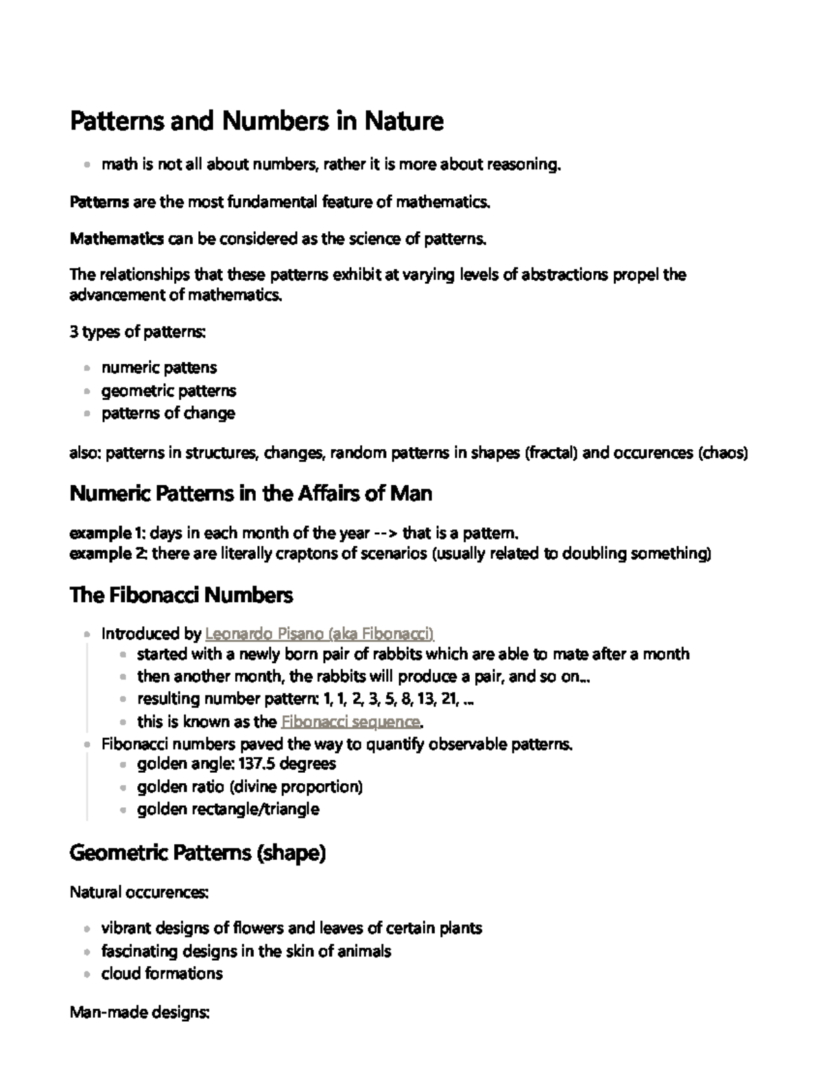 Lecture Notes on Patterns & Numbers in Nature Patterns and Numbers in