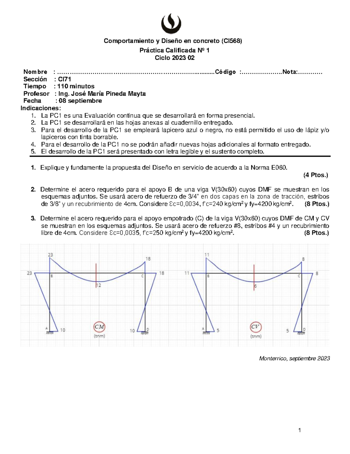 PC1 CA CI71 2023 02 - Jose - 1 Comportamiento y Diseño en concreto (CI ...