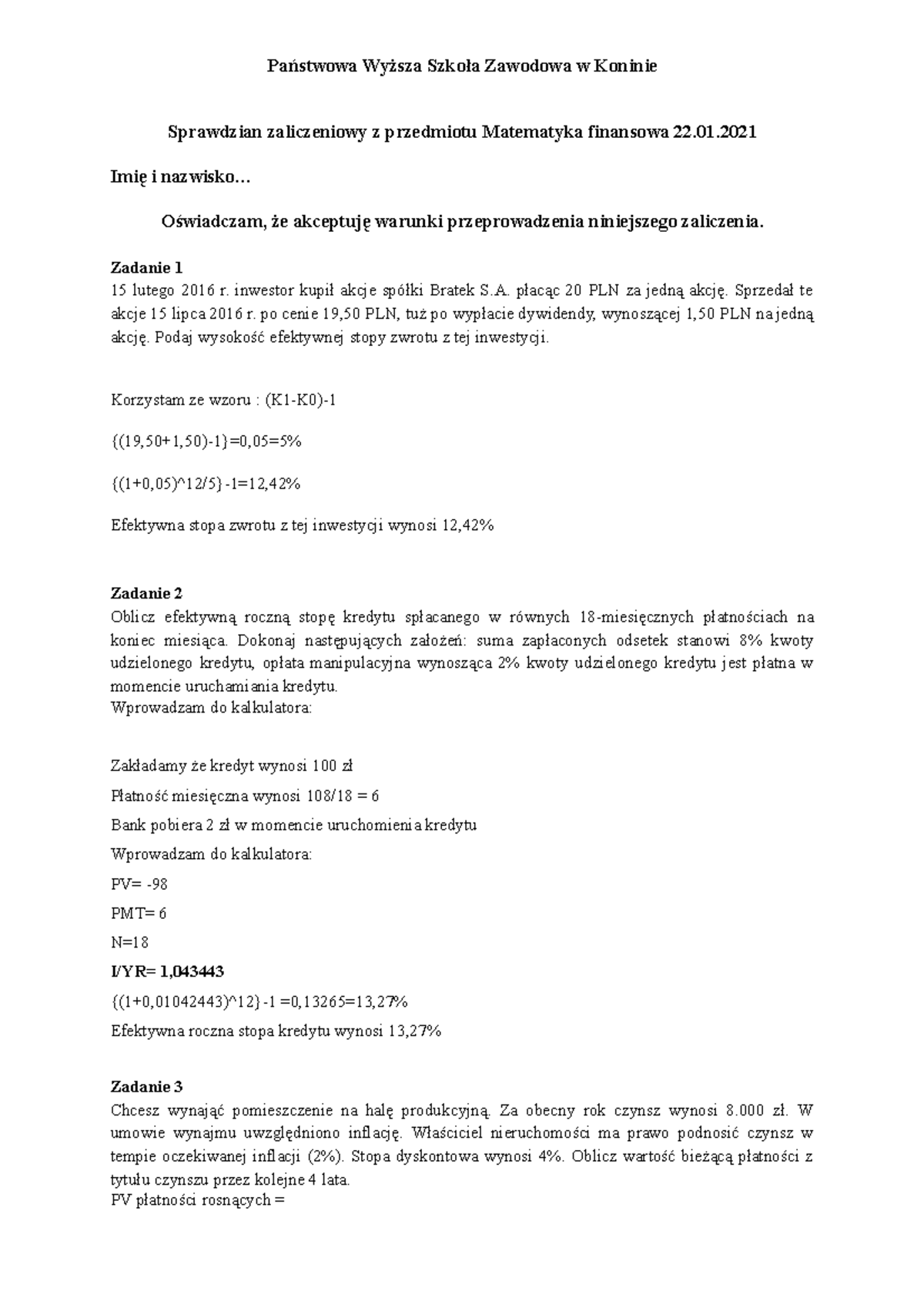 Matematyka finansowa 2021 egzamin - Państwowa Wyższa Szkoła Zawodowa w
