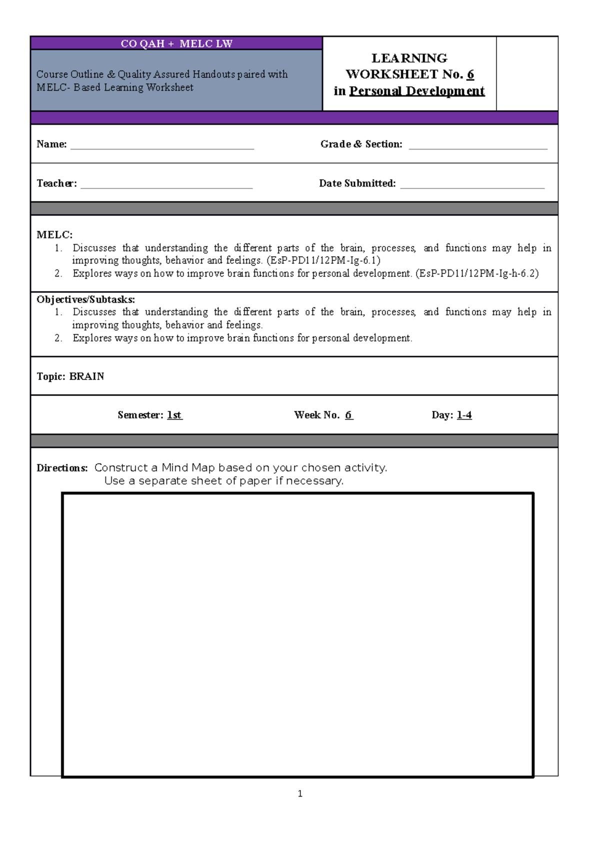 Perdev-WEEK 6-worksheet - CO QAH + MELC LW LEARNING WORKSHEET No. 6 In ...