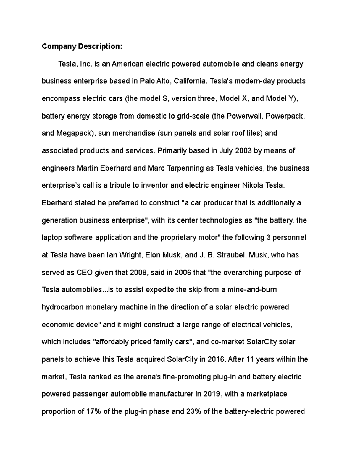 Essay Tesla - Assignment on a topic - Company Description: Tesla, Inc ...