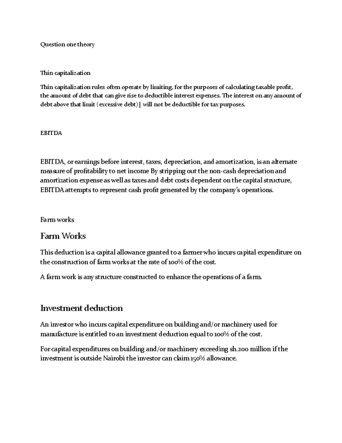 Tax one tax Question one theory Thin capitalization Thin
