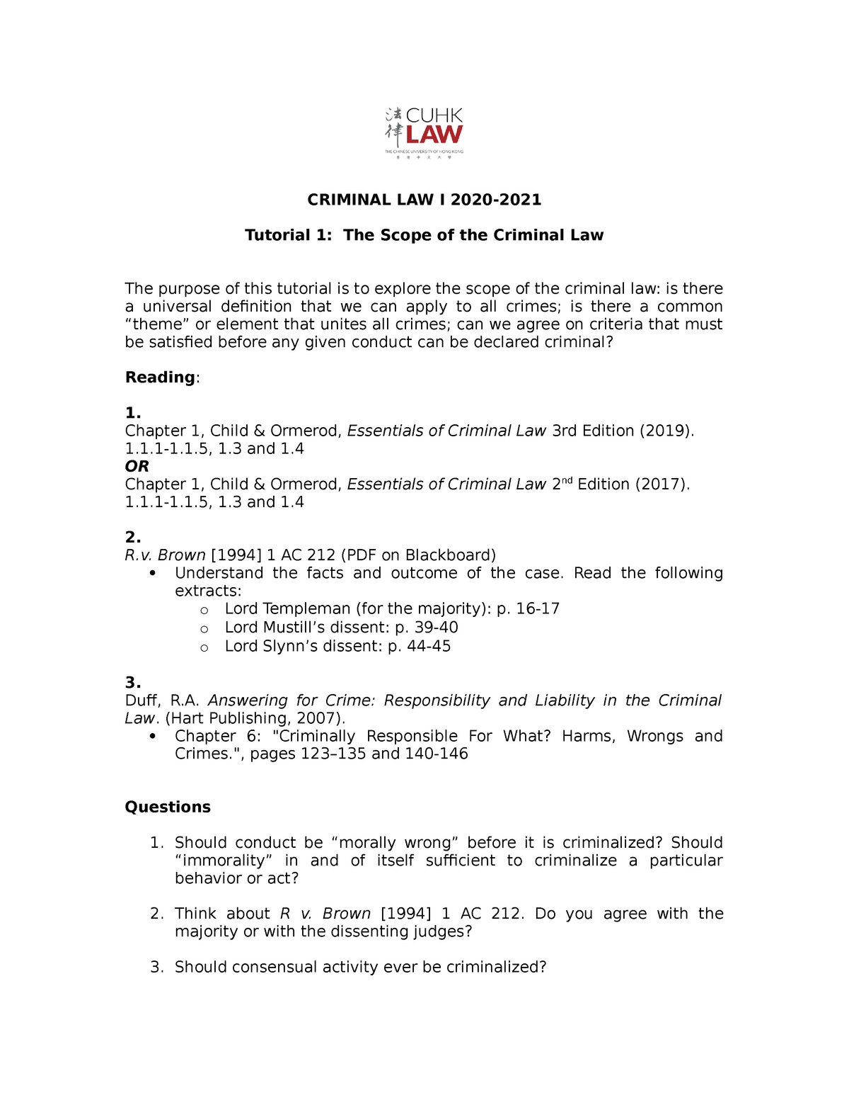 Tutorial 01 Criminal Law Criminal Law I 2020 Tutorial 1 The Scope Of The Criminal Law The 