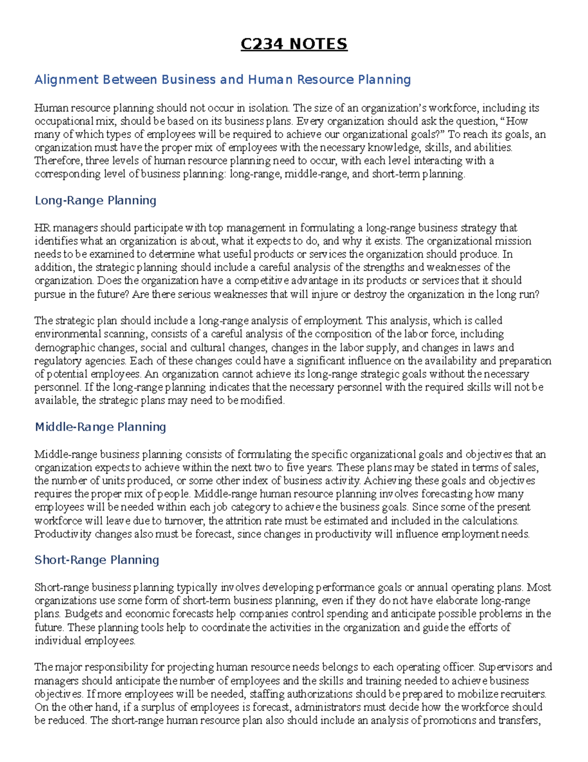 C234 Notes - This document is for workforce planning and is task one ...