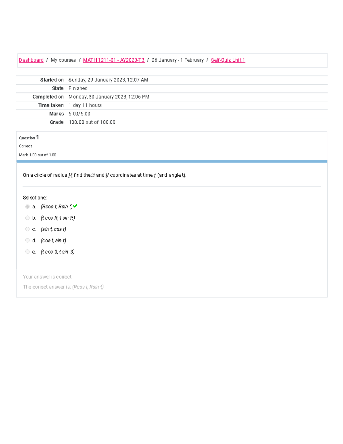 MATH1211Self-Quiz Unit 1 Attempt Review - Started On Sunday, 29 January ...