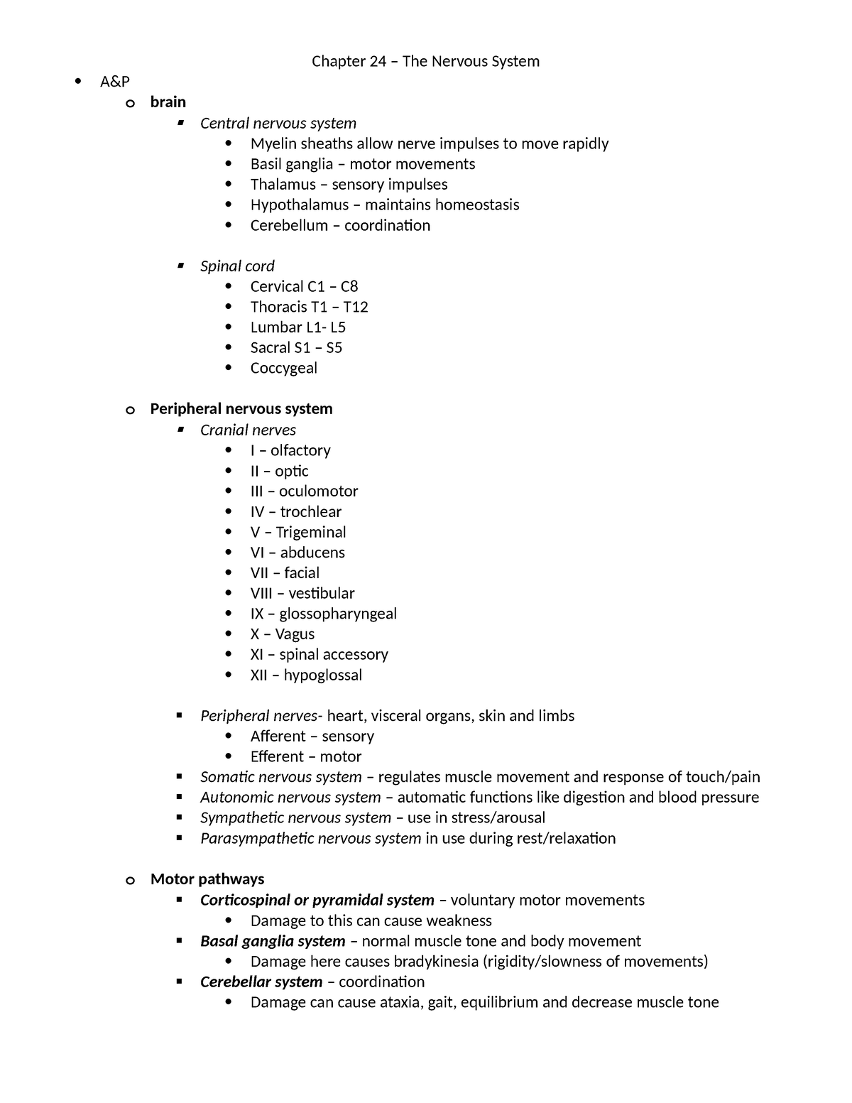 Ch 24 - neuro - chapter outline - A&P Chapter 24 – The Nervous System o ...
