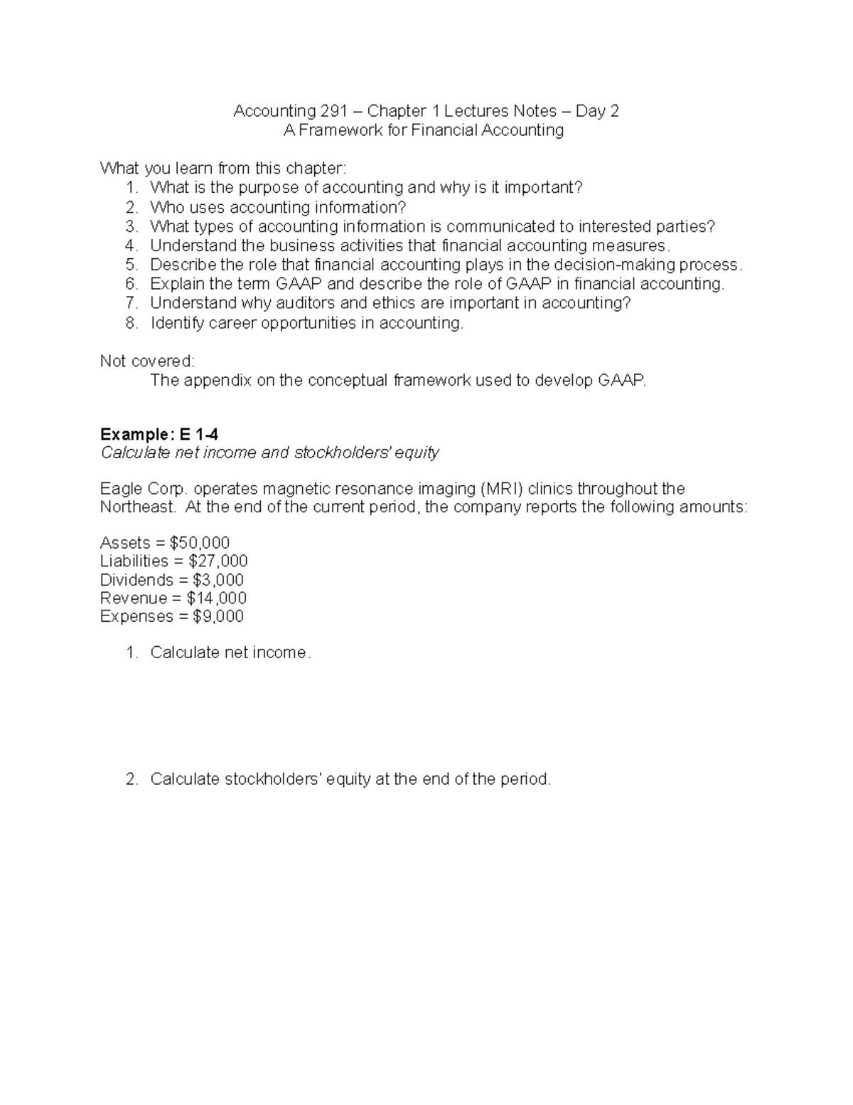 ACCT Notes Chapter 1 day 2 - Accounting 291 – Chapter 1 Lectures Notes ...