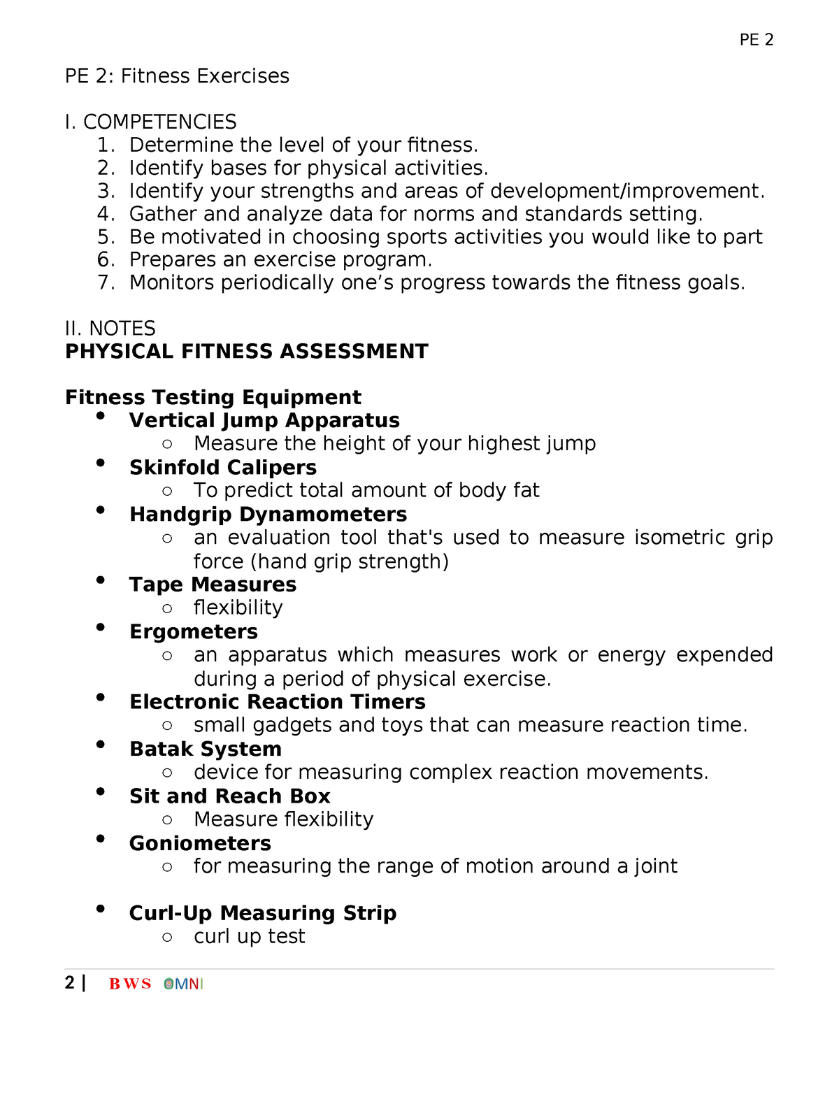 PE2-mod2 - Notes In PE 3 - PE 2: Fitness Exercises I. COMPETENCIES 1 ...