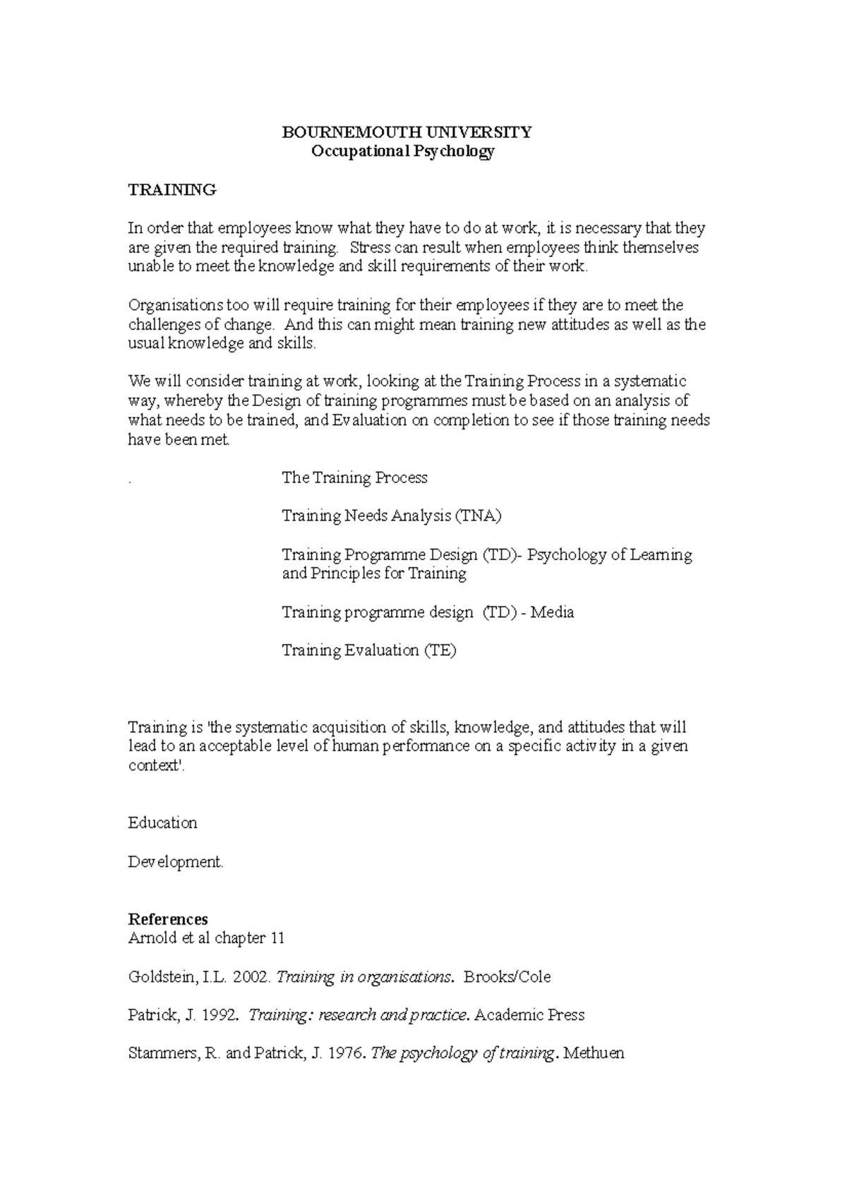 Training - Lecture notes 2 - BOURNEMOUTH UNIVERSITY Occupational ...