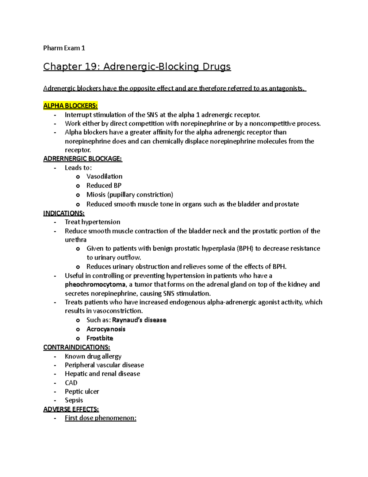 Chapter 19 Pharm Exam 1 - Pharm Exam 1 Chapter 19: Adrenergic-Blocking ...