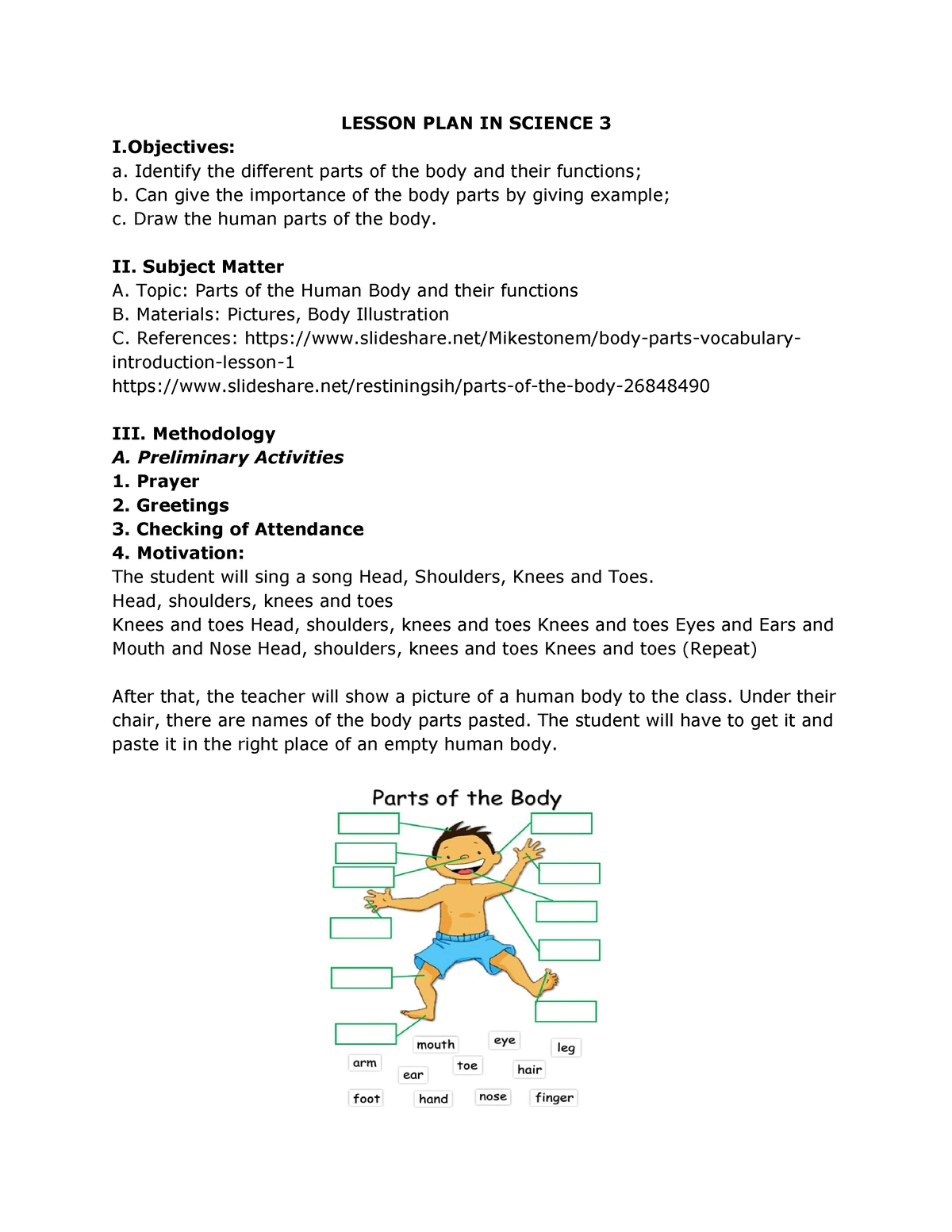  Lesson PLAN Parts Of The Human Body And Their Functions LESSON 