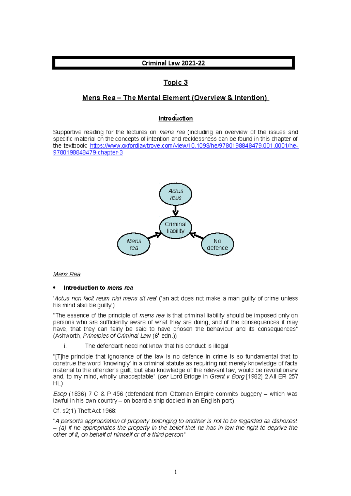 Topic 3 - Mens Rea - The Mental Element - Criminal Law 2021- Topic 3 ...