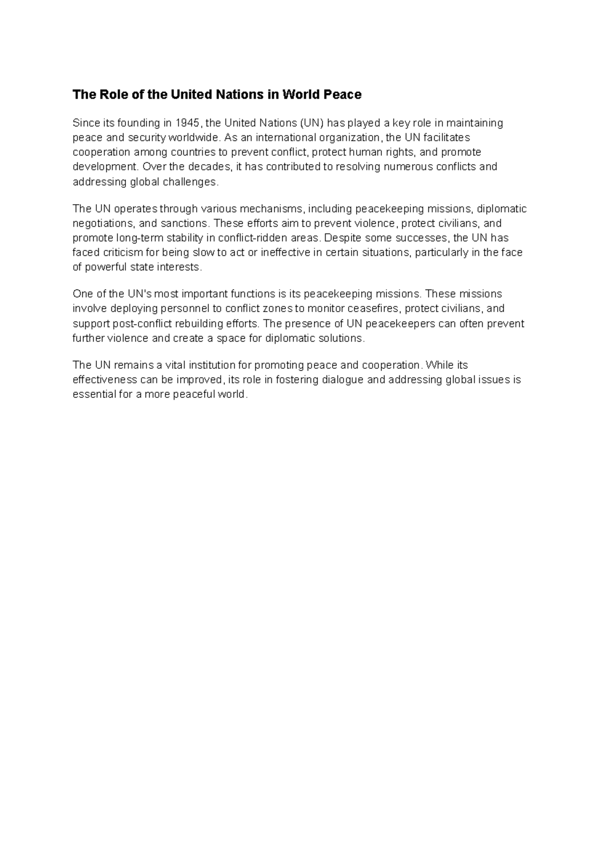 Essay 8 - The Role of the United Nations in World Peace Since its ...