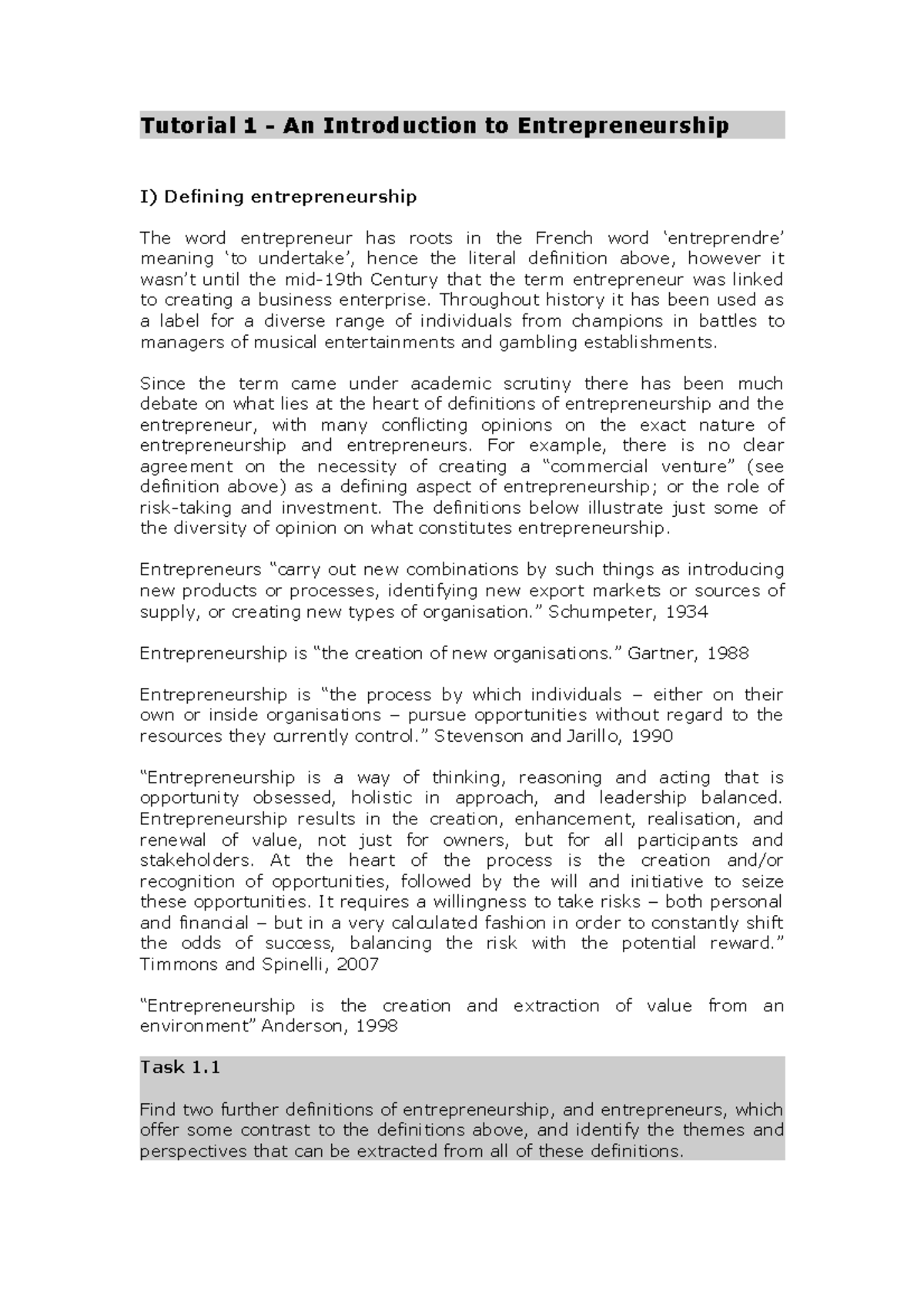 Assignment - Tutorial 1 An Introduction to Entrepreneurship I) Defining ...