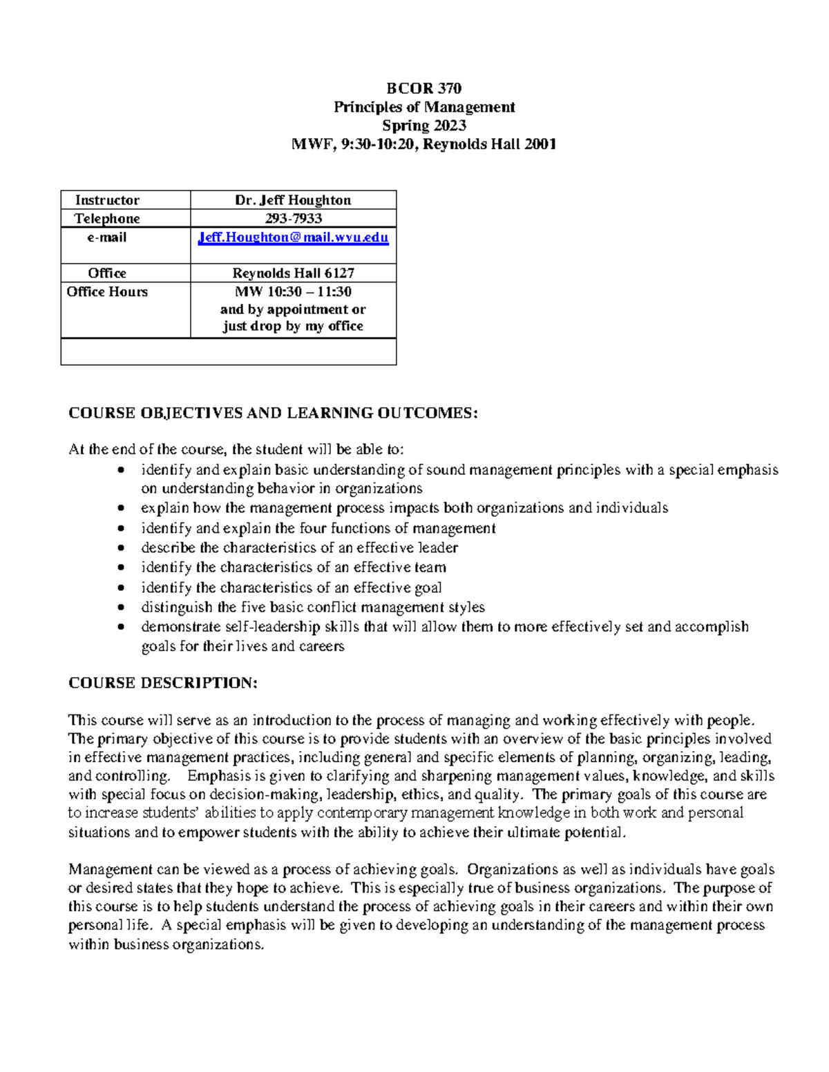 BCOR 370 Syllabus - BCOR 370 Principles of Management Spring 2023 MWF ...