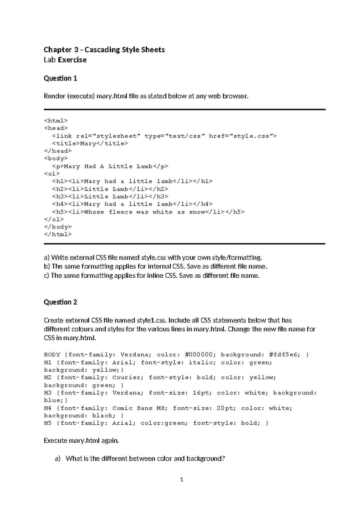 Exercise 3(CSS) - Chapter 3 - Cascading Style Sheets Lab Exercise ...