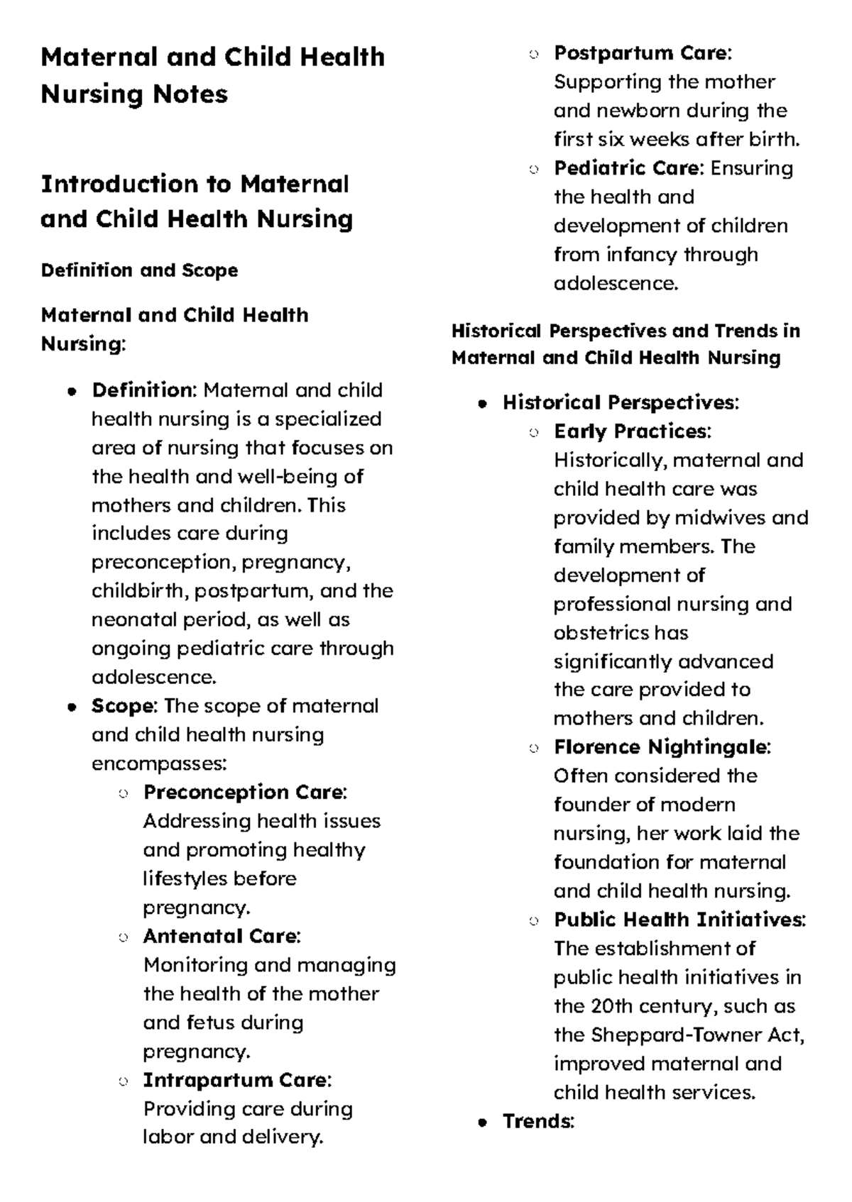 Extended Sample - Maternal and Child Health Nursing Notes - Maternal ...