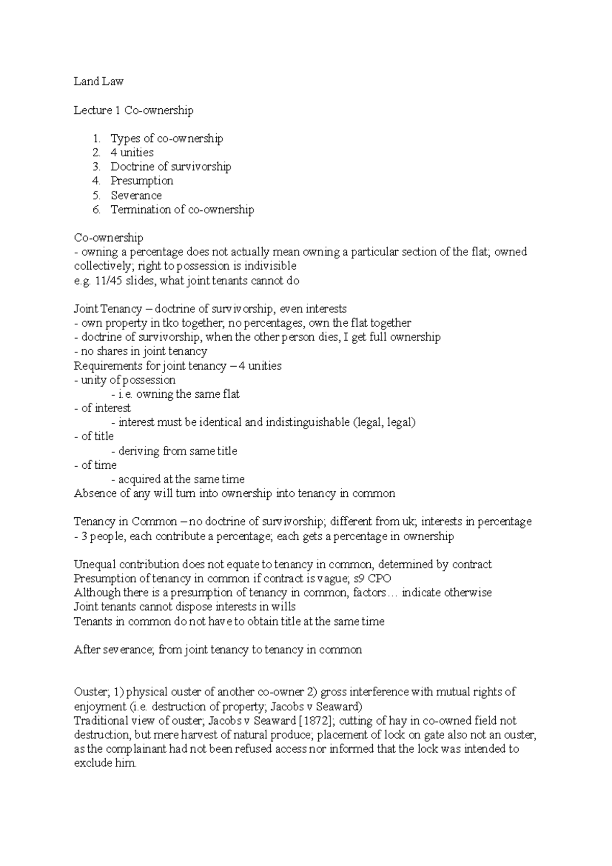 Land Law notes - mmmmmm - Land Law Lecture 1 Co-ownership 1. Types of ...