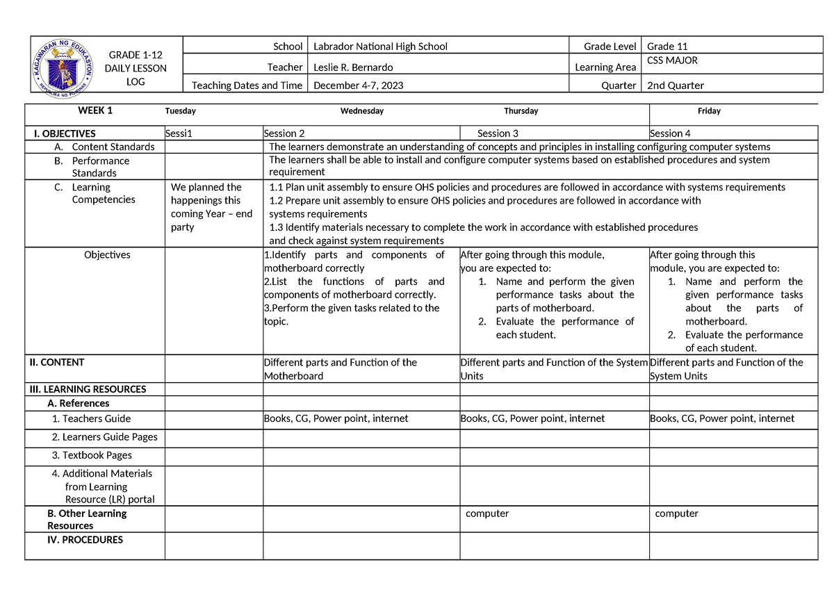 DLL week 2 Parts OF motherboard - GRADE 1- DAILY LESSON LOG School ...