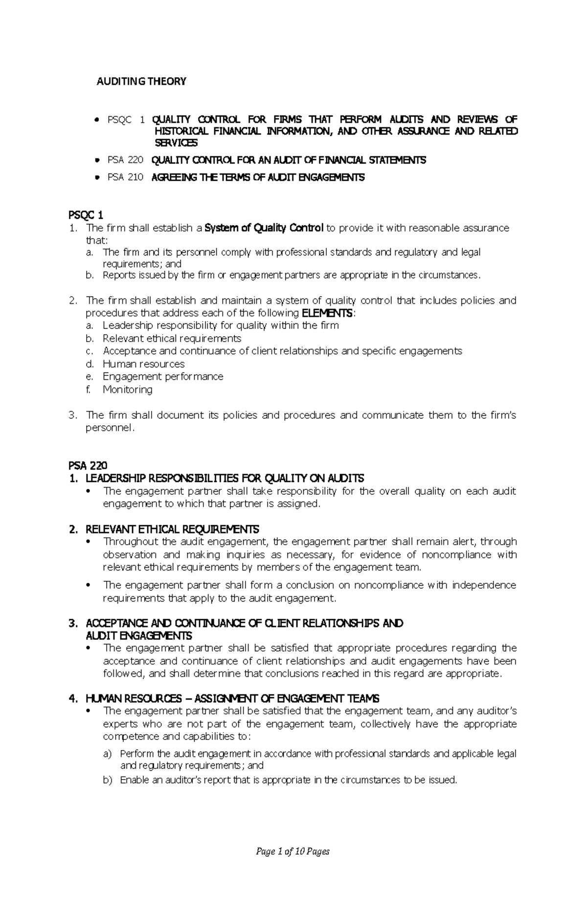 Audtheo - Chapter 2 - Page 1 of 10 Pages AUDITING THEORY PSQC 1 QUALITY ...
