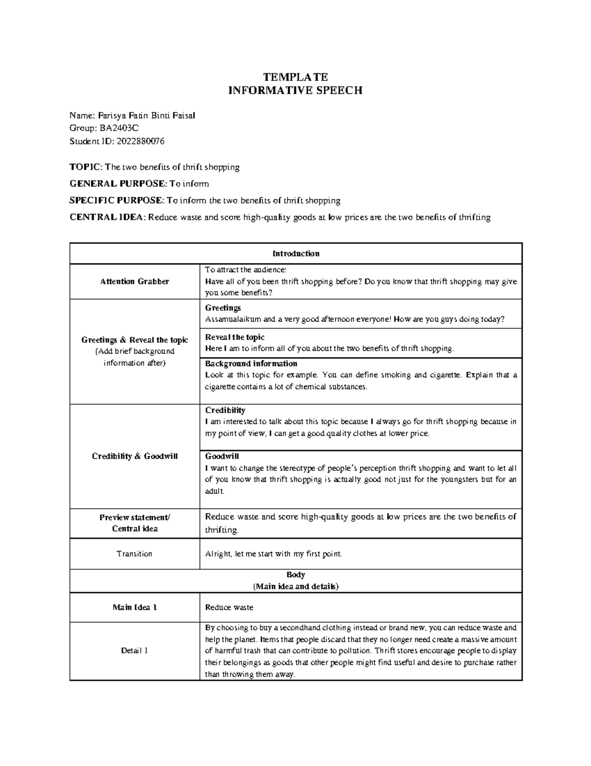 ELC590 Informative Speech Template - TEMPLATE INFORMATIVE SPEECH Name ...