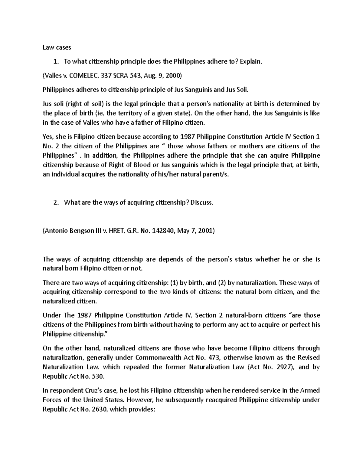 Law Caseanalysis - Case Analysis - Law Cases To What Citizenship 