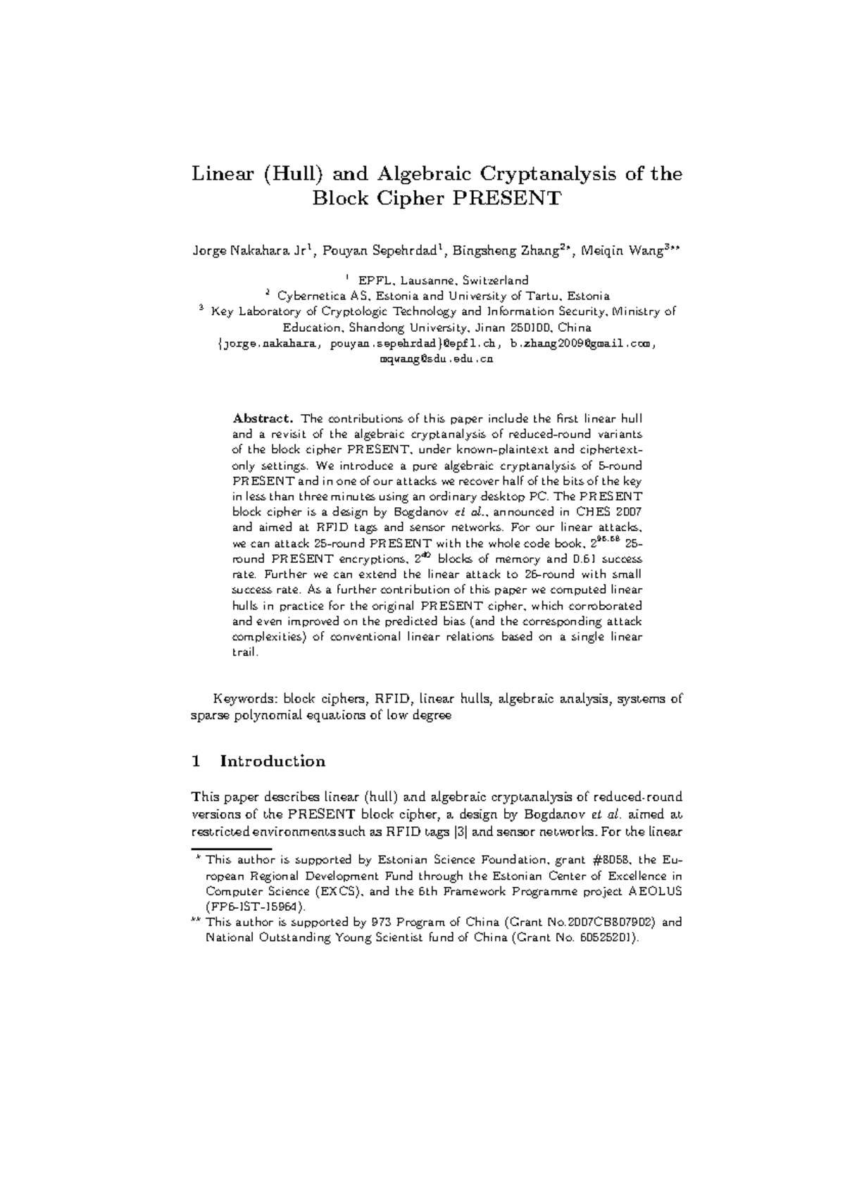 Cans09 - Paper - Linear (Hull) and Algebraic Cryptanalysis of the Block ...