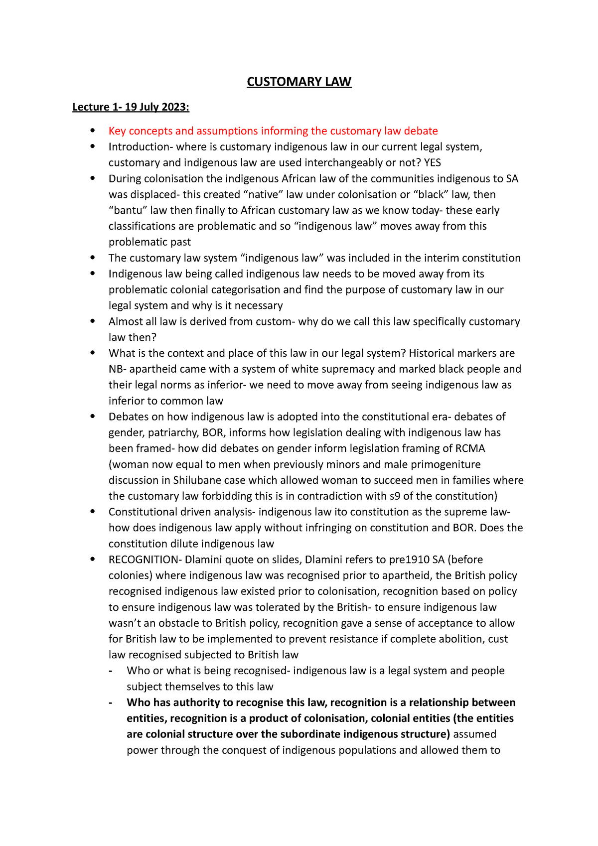 Customary Law Notes Test 1 CUSTOMARY LAW Lecture 1 19 July 2023 Key 