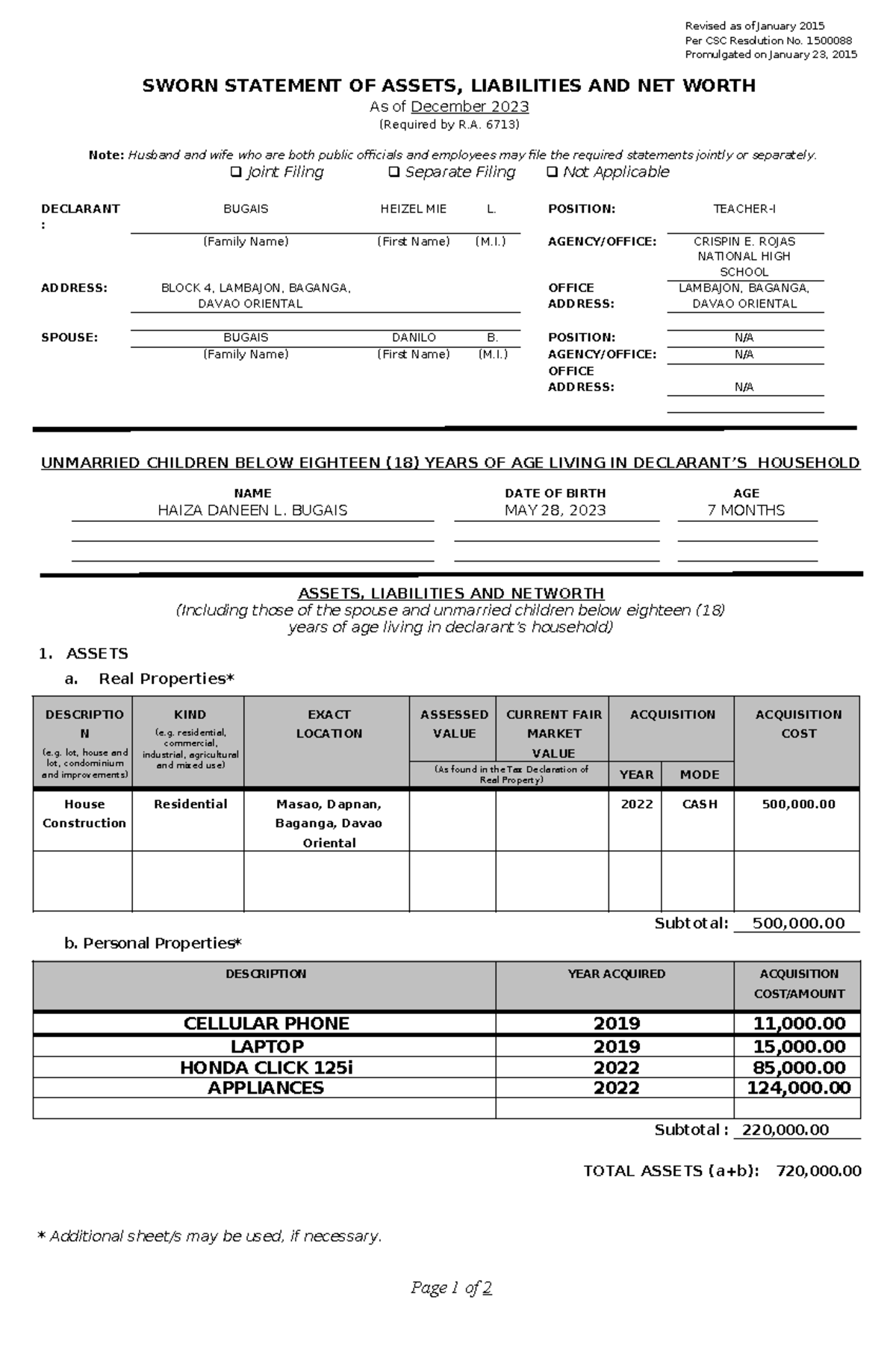 2015 SALN Form - Revised as of January 2015 Per CSC Resolution No ...