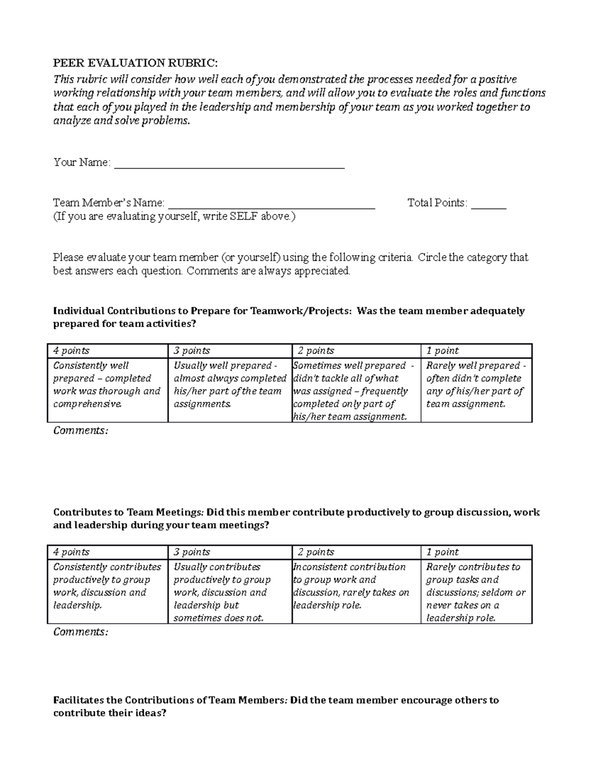 Peer evaluation rubric that makes you happy - PEER EVALUATION RUBRIC ...