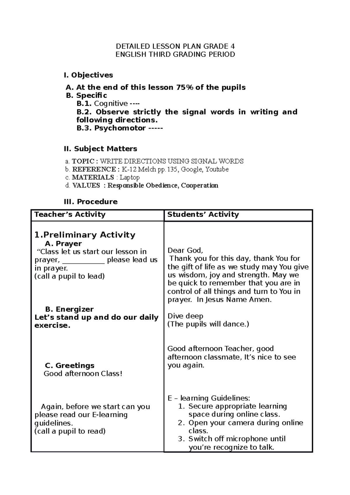 grade 4 english lesson plan term 1 week 2