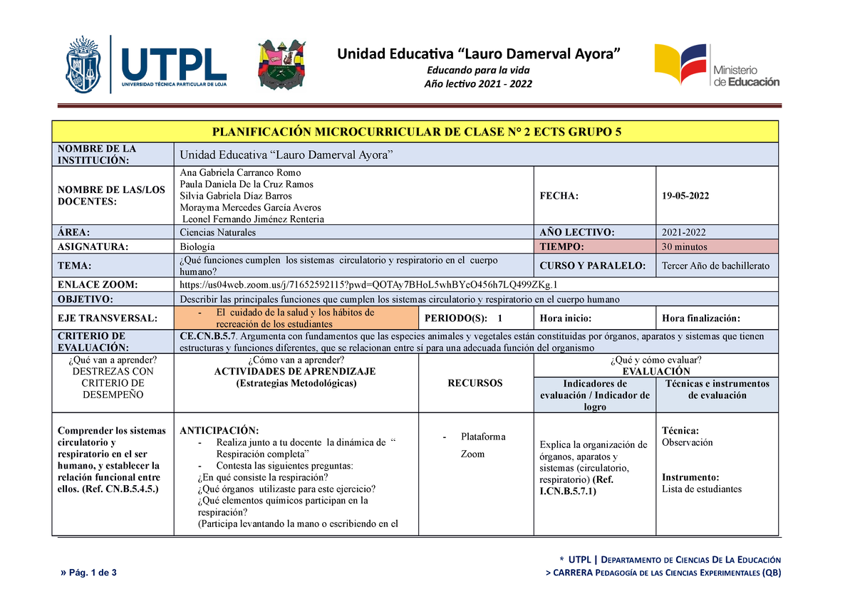 Planificación Microcurricular De Clase Biologia PlanificaciÓn Microcurricular De Clase N 3668