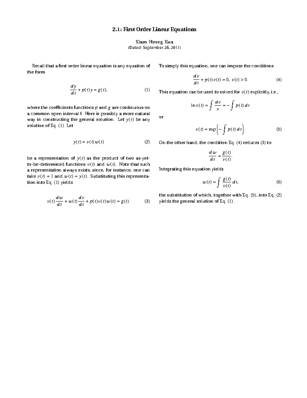 Tutorial work - 2.1 - First order linear equations - 2: First Order ...